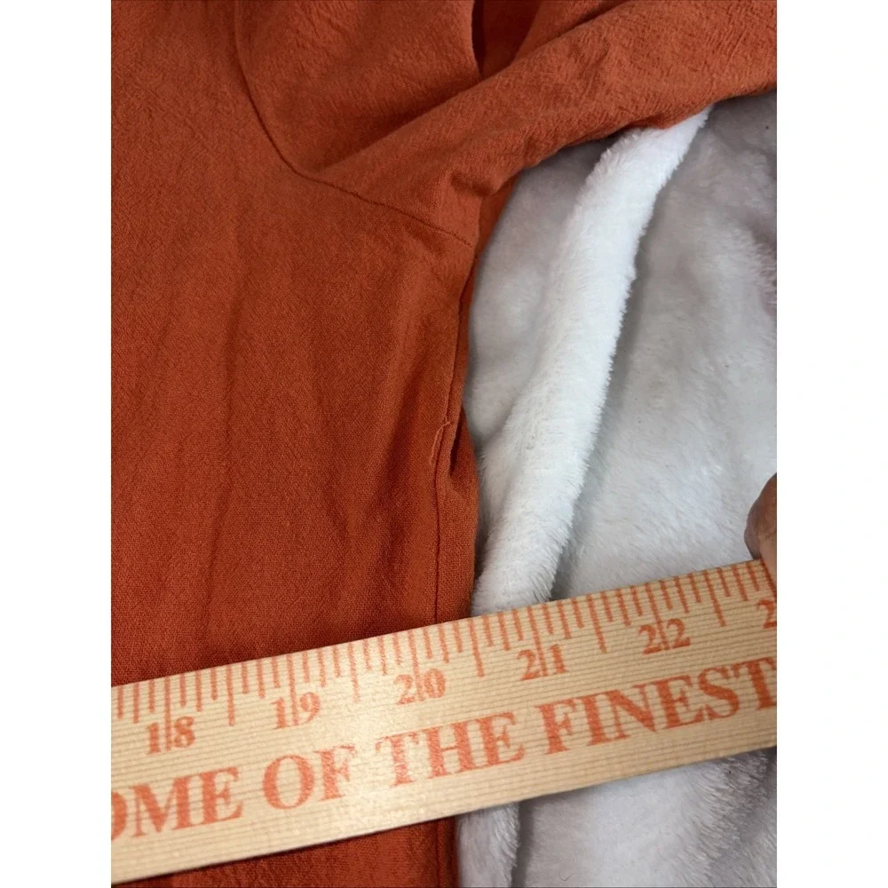 Orange Crinkle Cotton Midi Dress V Neck Long Sleeve Boho Pleated Lagenlook 2XL